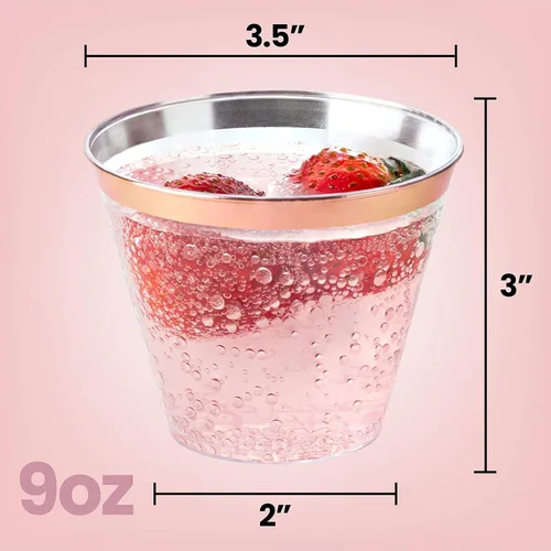 Vista 6 de PLASTICPRO 9 onzas Vasos de plástico desechables para fiesta, vasos de diseño antiguo, cristal transparente (transparente con borde de oro rosa, 200)