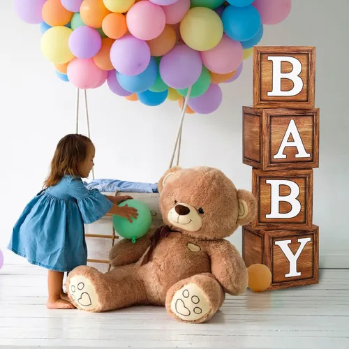 Vista 4 de BabyWood Cajas de grano marrón – Juego de regalo para bebé de 4 piezas con letras, tema de oso de peluche, decoración de fiesta de revelación