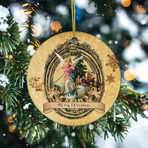 Vista 2 de Adorno de Navidad de cerámica con diseño retro de dos lados impresos, novedad para familiares, amigos, niños, textura de papel vintage, colgantes