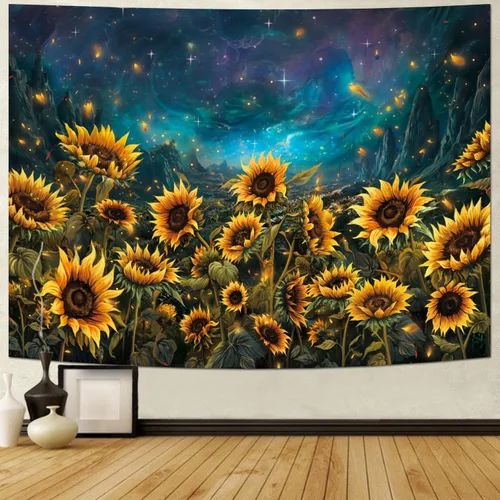 Vista 6 de Heynvioo Tapiz de girasol, galaxia, espacio, otoño, amarillo, floral, plantas, tapices, cielo estrellado, montaña, naturaleza, tapices para colgar