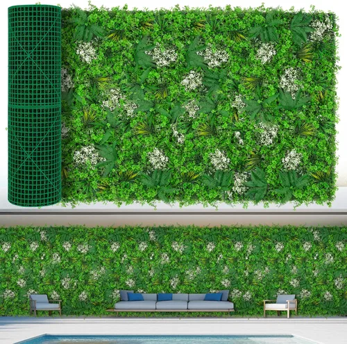 Vista 11 de Paneles de pared de césped de 20 x 20 pulgadas, 16 piezas de fondo de vegetación artificial con hojas resistentes a los rayos UV, decoración