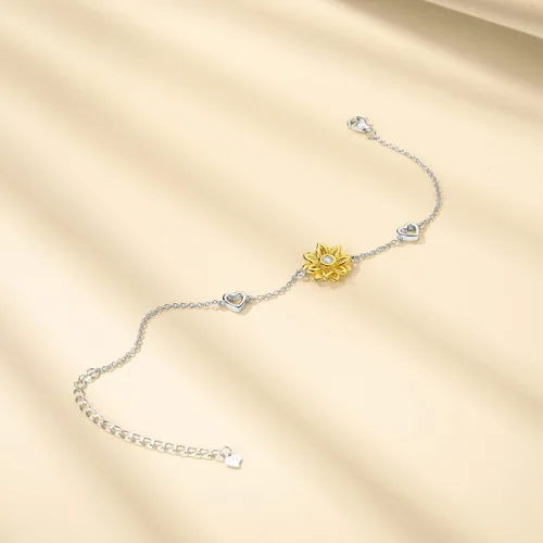 Vista 2 de SNZM Pulseras para mujer de plata de ley 925 con diseño de girasol, cadena ajustable con dije de corazón, eslabones de cumpleaños, joyería