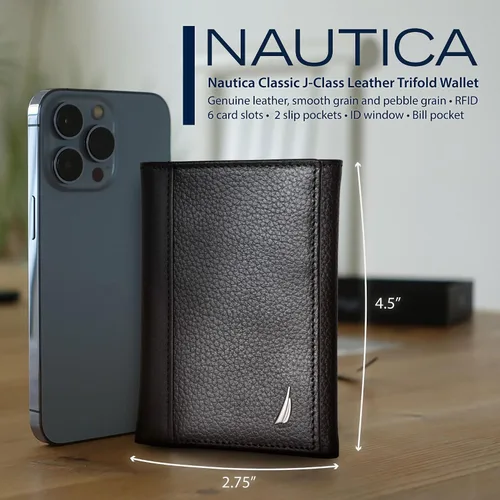 Vista 46 de Nautica Men's Trifold Wallet RFID Blocking Protection ID Window Card Slots Genuine Leather Durable