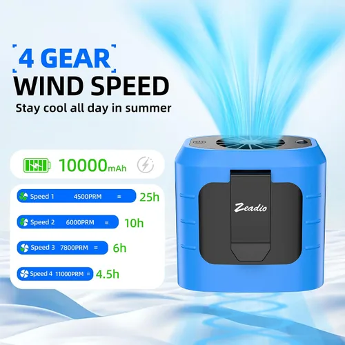 Vista 2 de Zeadio Ventilador portátil con clip de cintura, 4 velocidades, 10000 mAh, funciona con manos libres, con función de iluminación y carga para Azul