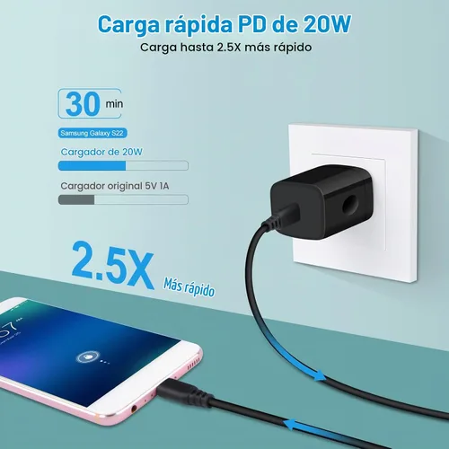 Vista 2 de Cargador tipo C, cargador de pared USB C PD de 20 W, bloque de carga rápida y Android de 6 pies Phone Charger Cable Compatible iPhone 16 15 Pro