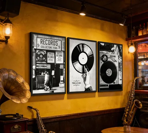 Vista 2 de Póster de música retro, 3 unidades, arte de pared, fotografía en blanco y negro, tienda de discos de vinilo preparados, pintura, pintura, decoración