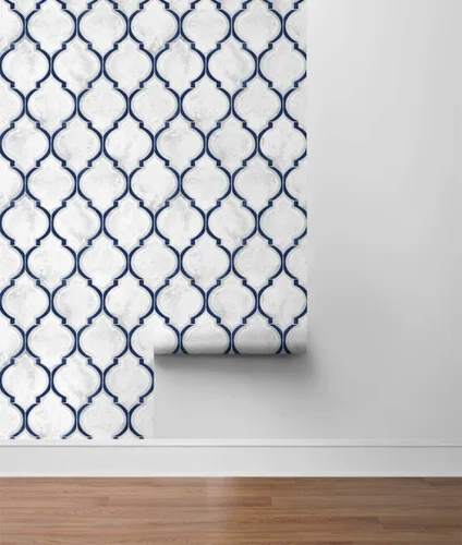 Vista 8 de NextWall Papel tapiz de vinilo y pelado de imitación de Ogee mármol (azul real y carrara)