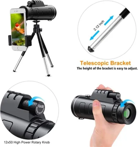 Vista 5 de Portable Monocular 12x50 telescopes High-Power High-Magnification Low Light Monoculars are Equipped with a Teles Tripod Phone Holder. Adult