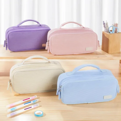 Vista 7 de Sooez Estuche grande para lápices, estuche de pana suave con asa, bonito estuche para bolígrafos, 5 compartimentos, organizador de amplia apertura