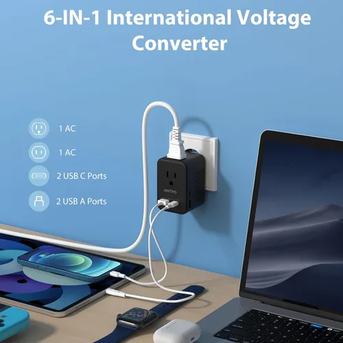 Vista 3 de ANTPO - Convertidor de voltaje de 220 V a 110 V de EE. UU. a Europa con 2 puertos USB, 2 USB C PD 20 W, 2 salidas de CA convertidor de viaje