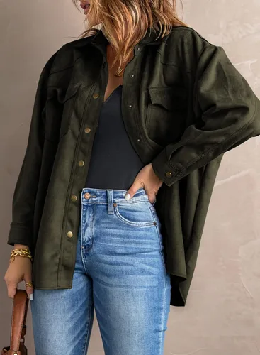 Vista 3 de Dokotoo Chaquetas para mujer, con botones, manga larga, casual, de gamuza sintética, abrigos