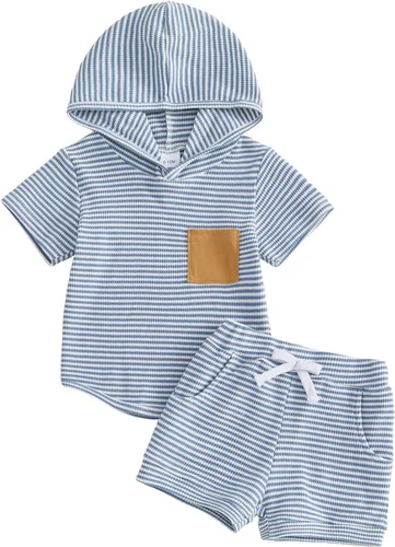 Vista 13 de MERSARIPHY Ropa para bebé niño de 6, 12, 18 meses, 2T 3T, traje de verano, punto gofre, a rayas, informal, camiseta y pantalones cortos
