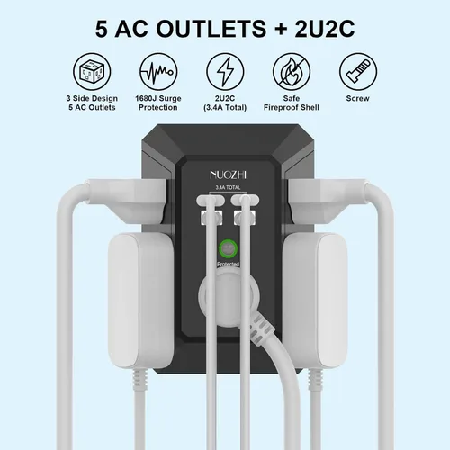 Vista 2 de Cargador de pared, protector de sobretensiones, extensor de 5 salidas con 4 puertos de carga USB (2USB-C), adaptador de enchufe múltiple de 3 lados