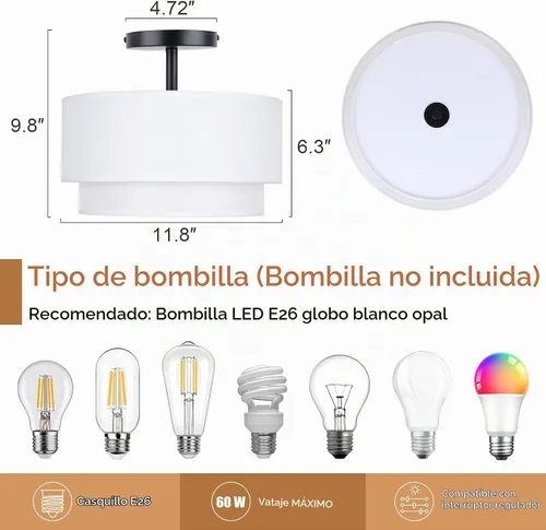 Vista 8 de Lámpara de Techo Moderna de Montaje al Ras - Lámparas de Techo Easric de Montaje al Techo, Lámparas de Techo para Pasillo con Pantalla de Tela 12.6
