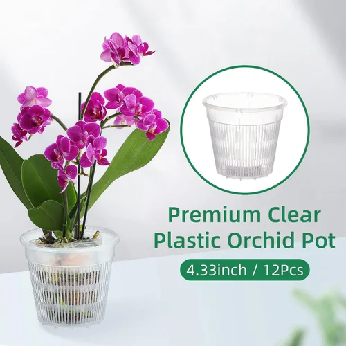 Vista 2 de Maceta de orquídeas de 4 pulgadas con agujeros, 12 macetas de plástico transparente para orquídeas, ranuradas para trasplantar red transparente