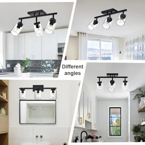 Vista 3 de 3 apliques de pared negros de luz para tocador de baño con pantalla de vidrio transparente, lámpara clásica con cabezal de luz giratoria, lámpara