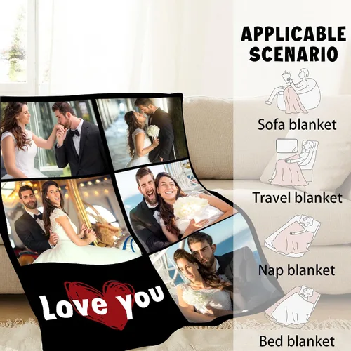 Vista 4 de Manta personalizada con foto, fabricada en Estados Unidos, 5 fotos, mantas personalizadas con imágenes propias para papá, mamá, familia, niños