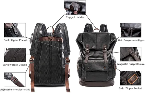Vista 4 de HuaChen Mochila para portátil de cuero PU,Mochila de viaje vintage para la universidad,Mochilas casuales grandes para hombres - YZ11_Negro