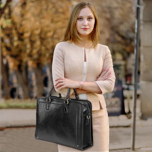 Vista 2 de Banuce Maletín de cuero italiano de granos completos genuinos para mujeres, bolsa de trabajo para computadora portátil de 15.6 pulgadas, color negro