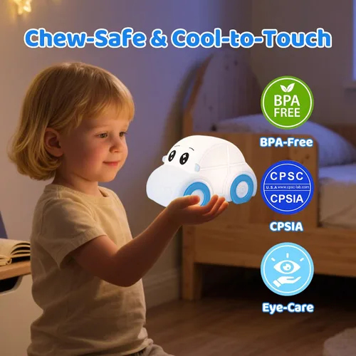Vista 7 de Linda luz nocturna para bebés y niños en forma de coche, regulable+1800mAh recargable+temporizador+portátil+de silicona+esponjosa, lámpara de noche