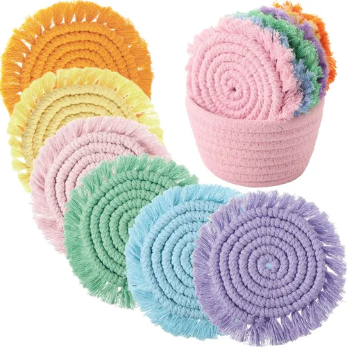 Vista 10 de Juego de 6 posavasos de algodón tejido bohemio absorbente con soporte para casa de campo, borla de macramé, regalo de inauguración de la casa