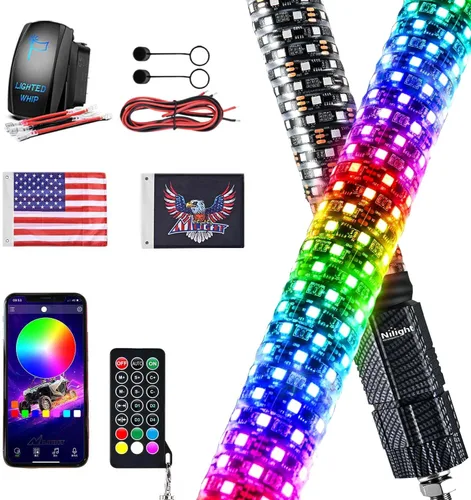 Vista 19 de Nilight Luz LED para látigo, 1 antena COB RGB de 2 pies con base de resorte, aplicación Bluetooth y control remoto, patrones de persecución