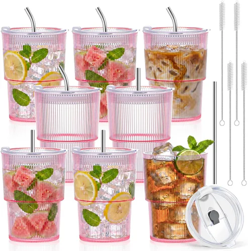 Vista 22 de 2 vasos de plástico de 15 onzas con tapas y pajita, tazas de plástico reutilizables para café helado, a prueba de fugas, vasos de viaje para café