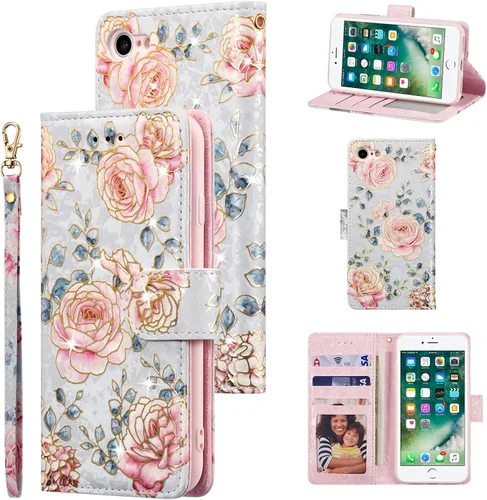 Vista 14 de UEEBAI Funda tipo cartera para iPhone SE 2022 5G/iPhone 7/iPhone 8/iPhone SE 2020, funda de piel sintética con función atril y bloqueo RFID, funda