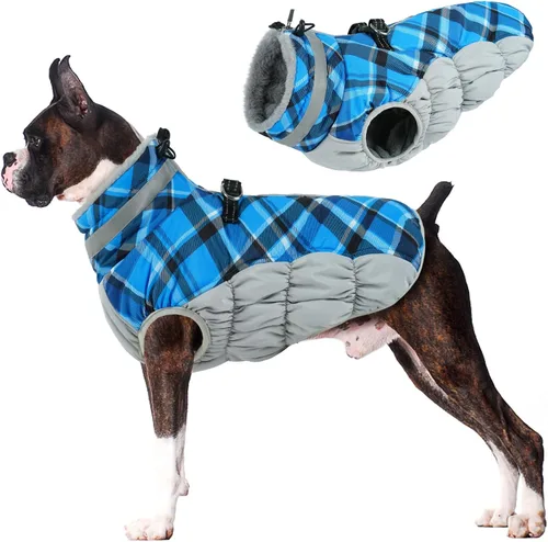 Vista 7 de Lelepet Abrigo cálido para perro, abrigo de invierno para perro, chaqueta impermeable para perros con arnés integrado reflectante de forro polar