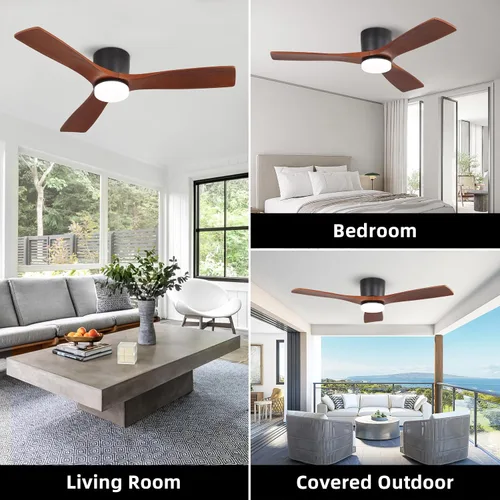 Vista 8 de WINGBO Ventilador de techo CC de montaje empotrado de 48 pulgadas, luz regulable 3CCT, 3 cuchillas de madera tallada, motor CC reversible sin ruido
