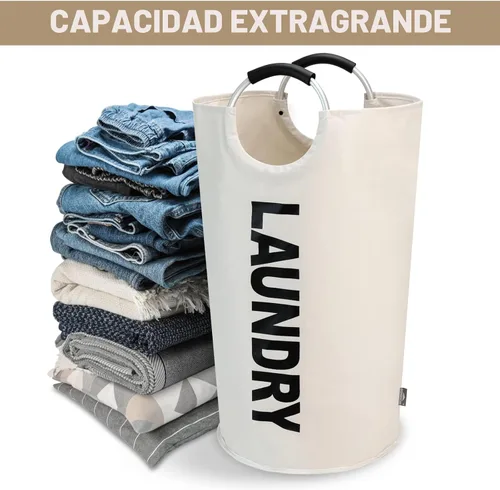 Vista 5 de DOKEHOM Cesta grande para ropa sucia de 90 litros, cesta alta plegable Beige