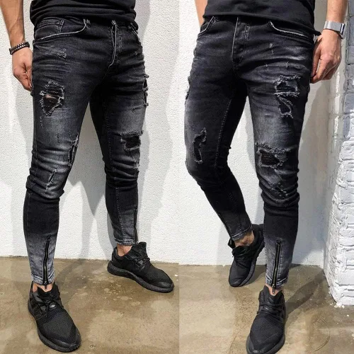Vista 2 de Pantalones de entrenamiento con cremallera para hombre con bolsillo, pantalones de mezclilla elásticos ajustados para hombre, desgastados, rasgados