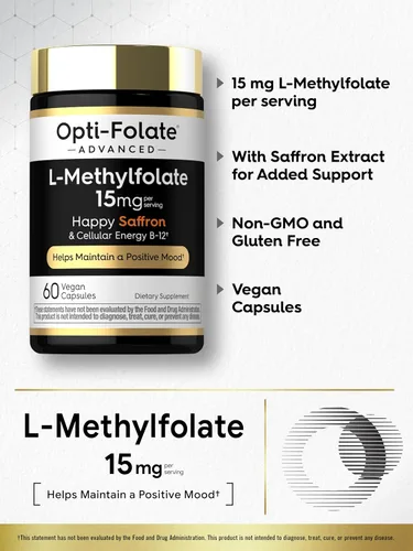 Vista 4 de Carlyle L Metilfolato de 15 mg 60 cápsulas con metilo B12 y azafrán Vegano, sin OMG, suplemento sin gluten por Opti-Folate