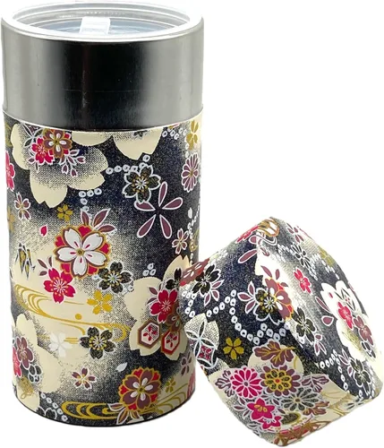 Vista 2 de 野口熊太郎茶園 Bote de té japonés Hanatsudumi (tambor de flores) azul oscuro negro/doble tapa/papel washi japonés pegado/7.05 oz capacidad de té/hojas