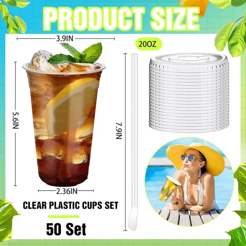 Vista 2 de Eaasty Juego de 50 vasos de plástico transparente de 20 onzas con cuchara, pajitas y tapas planas, desechables, para café helado, postre, yogur