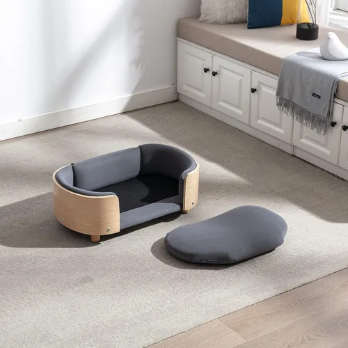 Vista 4 de Cama elevada para perros de estilo escandinavo con marco de madera maciza, sofá ortopédico para mascotas con funda extraíble lavable, muebles