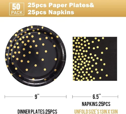Vista 2 de Platos de papel negro y dorado, paquete de 50 unidades, 25 platos de papel de 7 pulgadas y 25 servilletas de 6.5 pulgadas, platos negros