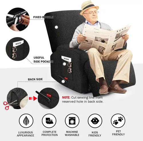 Vista 2 de 3 fundas elásticas para sillas reclinables, fundas de tela de felpa y protectores duraderos de muebles para niños y mascotas (1 plaza, negro)