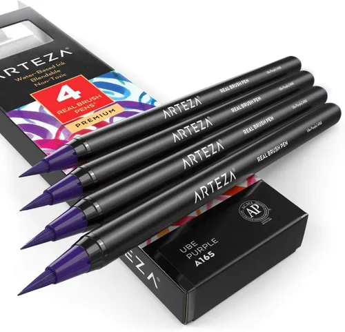 Vista 56 de Arteza Bolígrafos de pincel real, A174 gris delfín, paquete de 4, bolígrafos de acuarela con puntas de pincel de nailon, suministros de arte