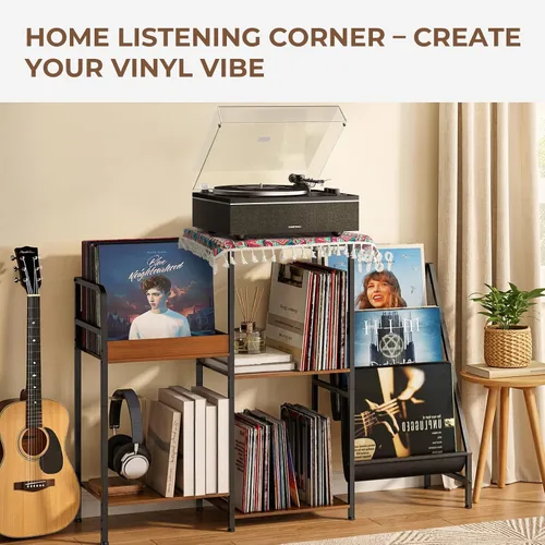 Vista 6 de Qlearsoul Soporte para discos de vinilo, mesa para tocadiscos de 3 niveles con almacenamiento izquierdo y derecho para sala de estar y dormitorio