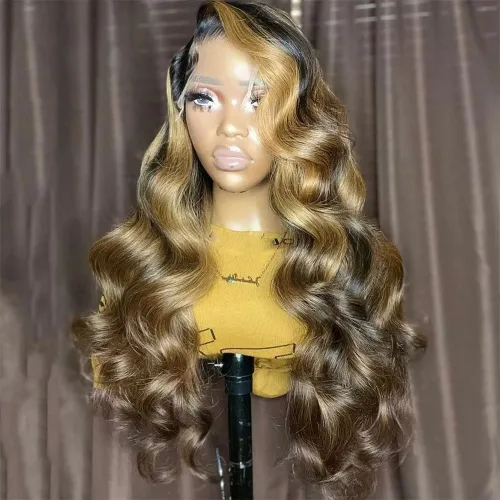 Vista 2 de Peluca de cabello humano ondulado con reflejos rubio miel 1b/27, sin pegamento, cabello humano ondulado HD de 13x4, con encaje frontal transparente