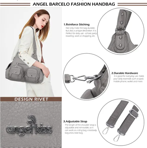 Vista 4 de Angel Kiss Bolsos de mano para mujer, bolso grande de piel sintética suave, con múltiples bolsillos, bolso de hombro con asa superior