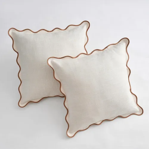 Vista 2 de Juego de 2 fundas de almohada festoneadas de 18 x 18 pulgadas, algodón y lino, estilo bohemio decorativo para sala de estar