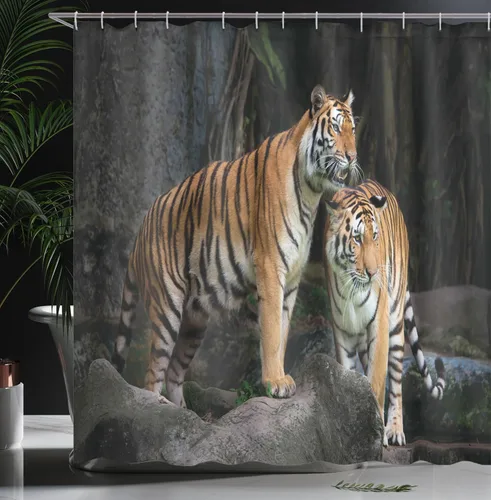 Vista 3 de Ambesonne Cortina de ducha de animales, pareja de tigre en la selva en rocas grandes, impresión de imagen de gatos salvajes en la naturaleza, juego