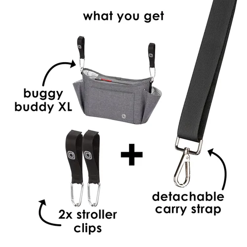 Vista 7 de Organizador universal para cochecito Diono Buggy Buddy XL con portavasos, sujeción segura, bolsillos con cremallera, seguro y protegido, gris