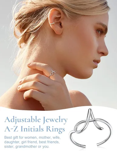 Vista 6 de SILVERCUTE Anillos con iniciales S925, tamaño ajustable 6-12, letra del alfabeto A-Z, joyería personalizada con iniciales trenzadas, anillos