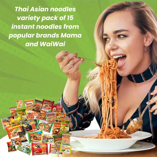 Vista 2 de HCG Paquete variado de fideos ramen tailandeses con sopa mamá y fideos instantáneos Wai Wai, paquete de 15 con palillos, juego de 18 piezas