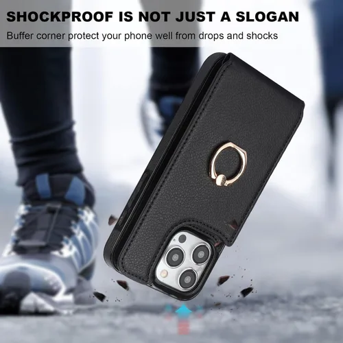Vista 7 de Folosu Funda compatible con iPhone 15 Pro Max con soporte para tarjetas, rotación de 360°, soporte de anillo de dedo con función atril, bloqueo Negro