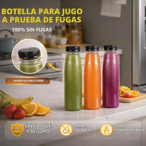 Vista 4 de 48 paquetes de botellas vacías de plástico PET para jugo de 8 oz, botellas transparentes desechables de plástico a granel para líquidos con tapas