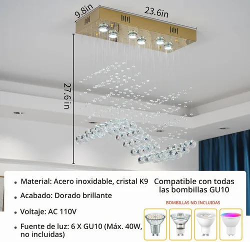 Vista 7 de Candelabro Rectangular Moderno de Onda Dorada para Comedor Sobre Mesa, Lámpara de Techo Elegante de 6 Luces Tipo Gota de Lluvia para Isla de Cocina